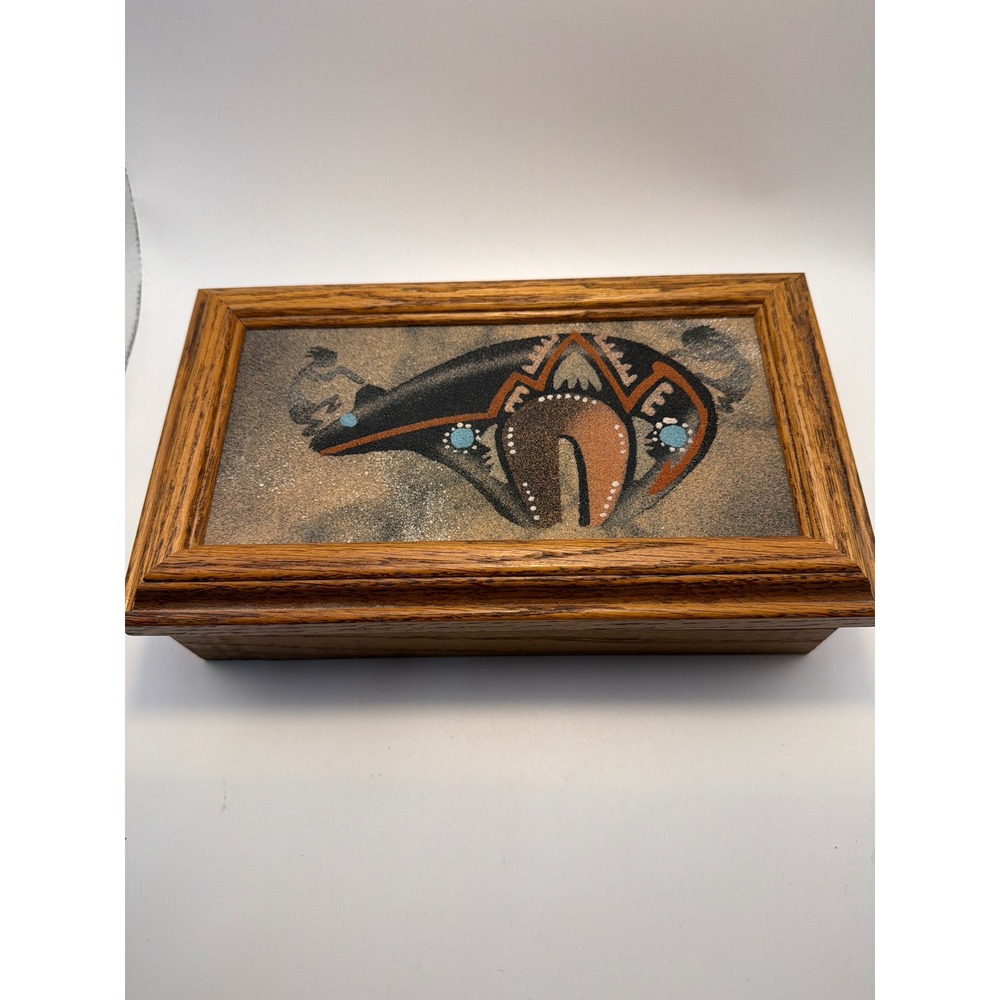 Navajo Sand Art Wooden Trinket Box Signed Bear HT Jr Native American Bear Motif